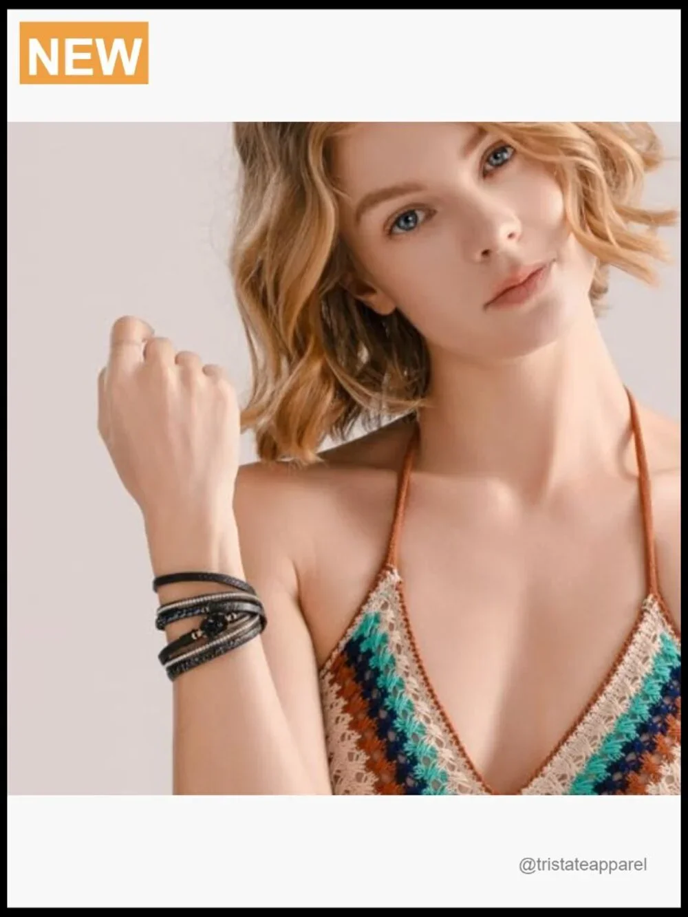 Boho Leather Wrap Bracelet Stackable Crystal Cuff